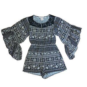 FLYING TOMATO‎ Black White Geometric Romper Lace Detail Womens Size S Small